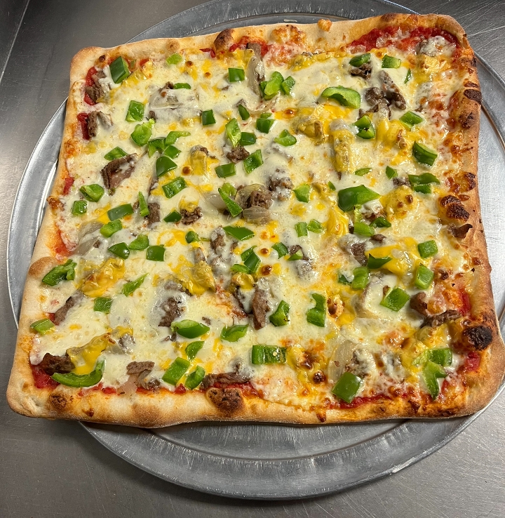 Square Cheesesteak Pizza.