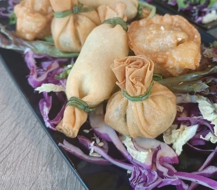 Crispy Money Bag Shrimp Dumplings.