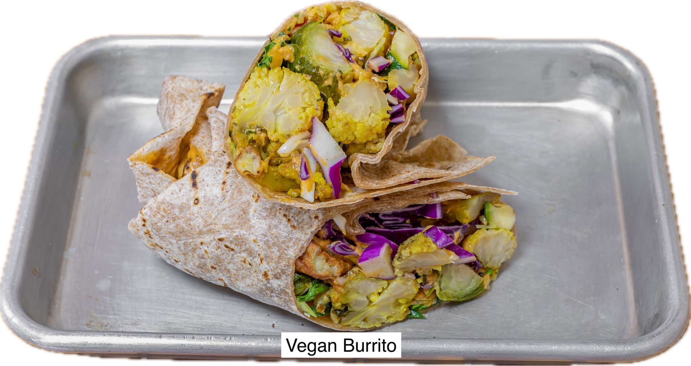 Vegan Veggies Burrito Mexican Brown Rice, Black Beans Chipotle Tahini, Shredded Cabbage.