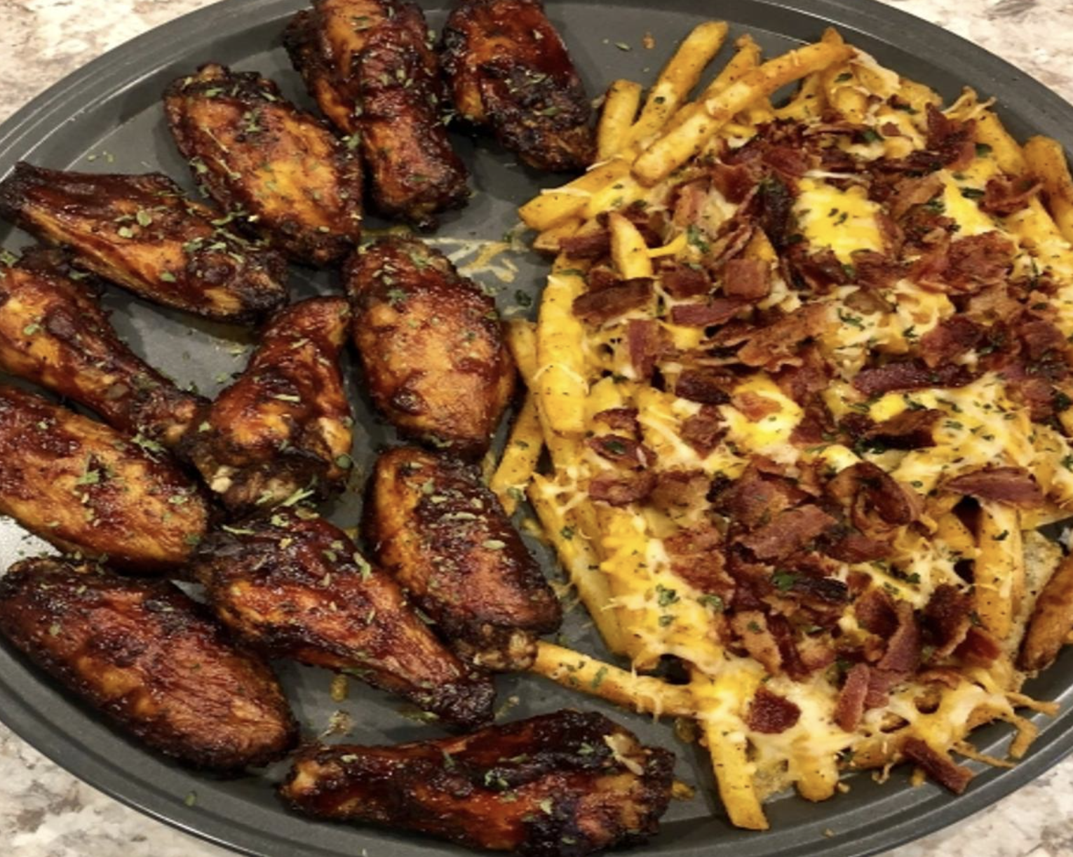 10 Wings and Bacon Cheese Fries.