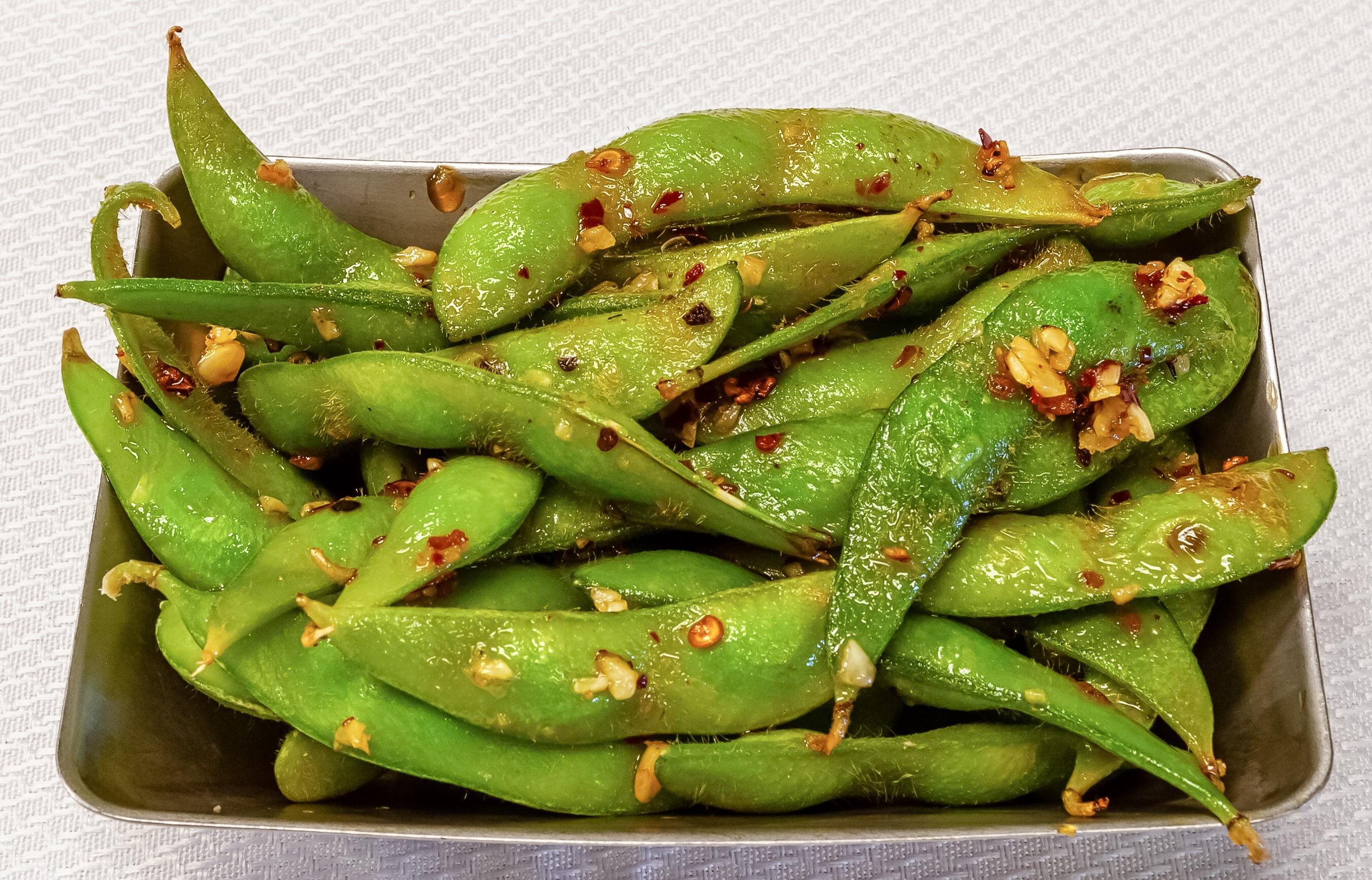 SPICY GARLIC EDAMAME.