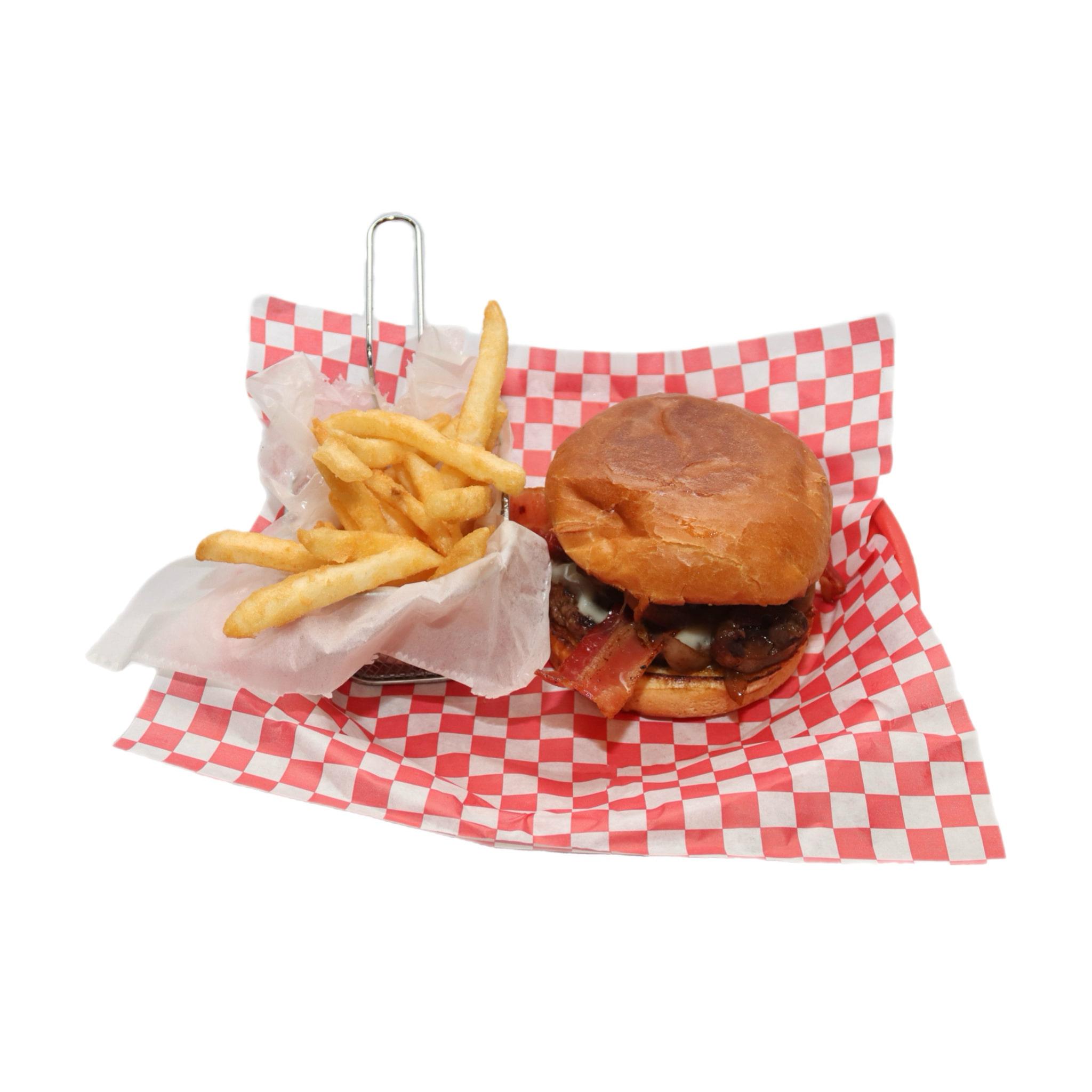 MUSHROOM BACON SWISS BURGER.