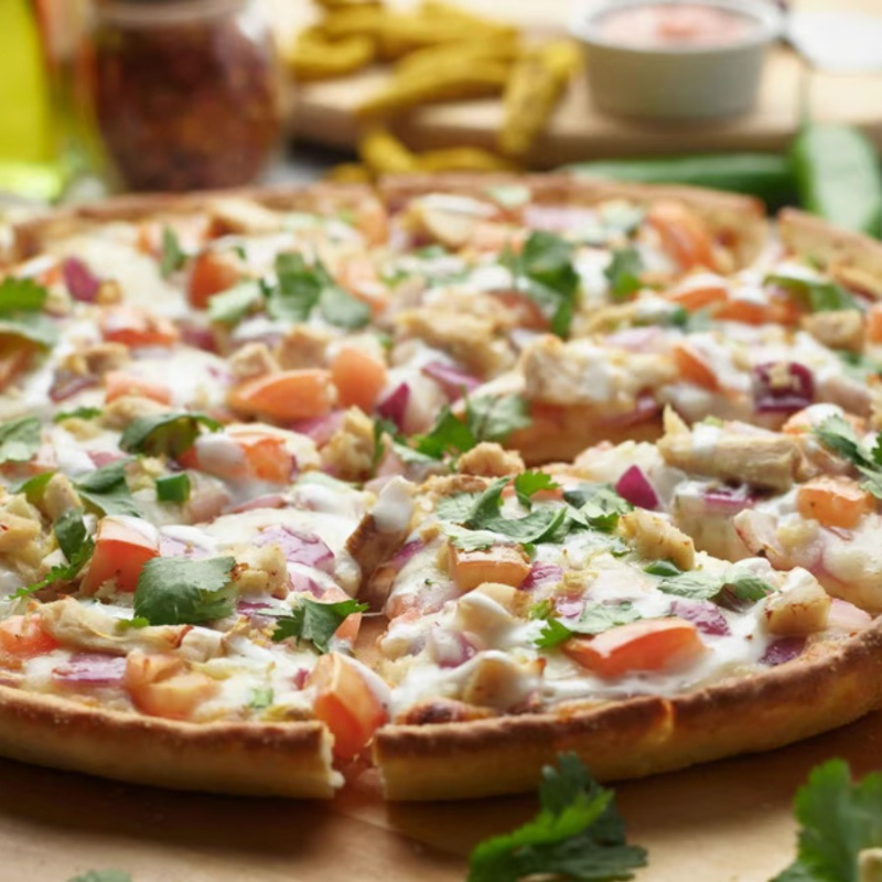 Deep Pan Garlic Chicken Pizza.