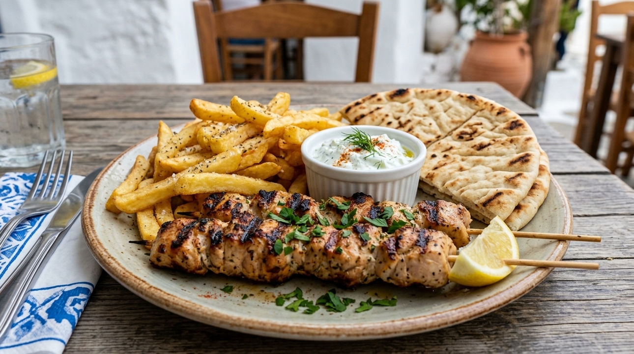 CHICKEN SOUVLAKI ENTREE.