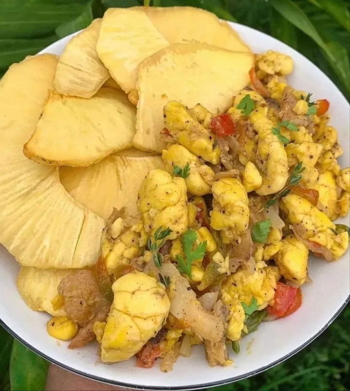 Ackee & saltfish with Fried  Breadfruit.