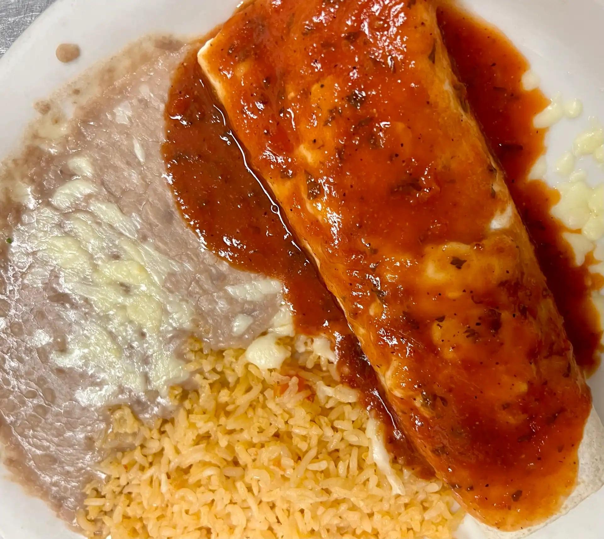 Beef Burrito, Rice & Beans.