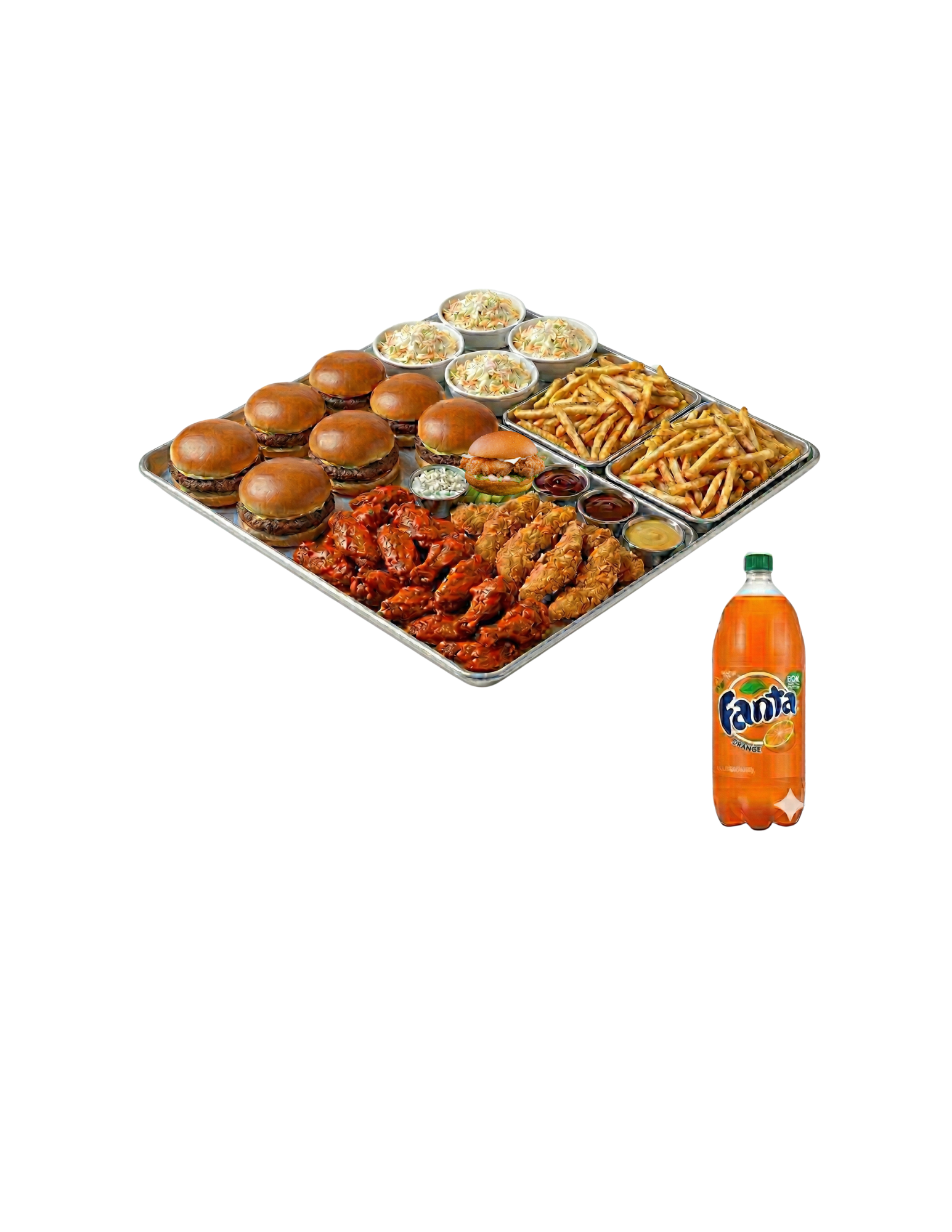 Burger Fusion Party Platter (8 Single Halal Burgers 🍗 25 Buffalo Wings 🍗 10 Tenders 🍟 2 Large Fries 🥗 4 Coleslaw 🥤 1 × 2-Liter Fanta).