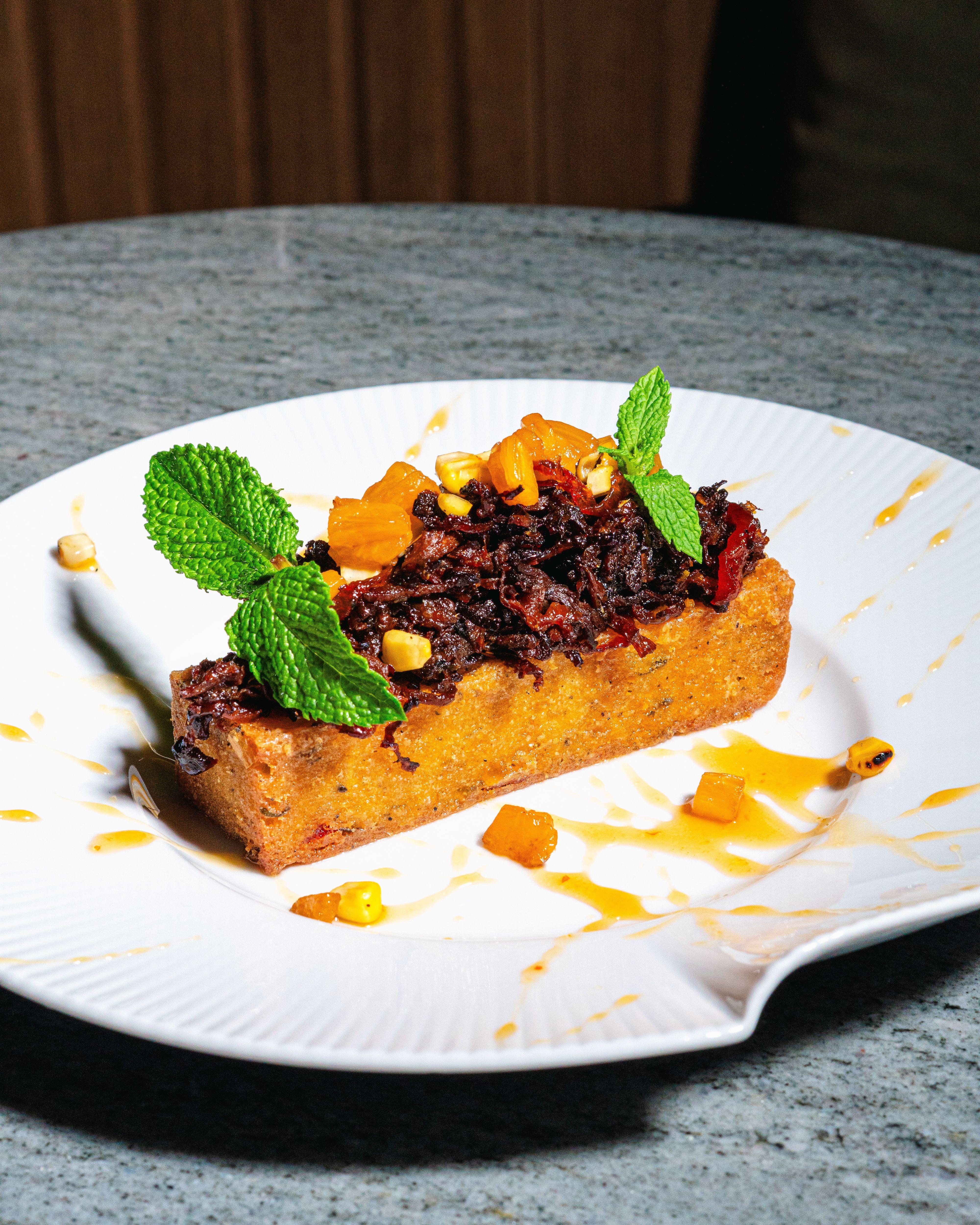 Crispy Cou Cou with Glazed Steak.
