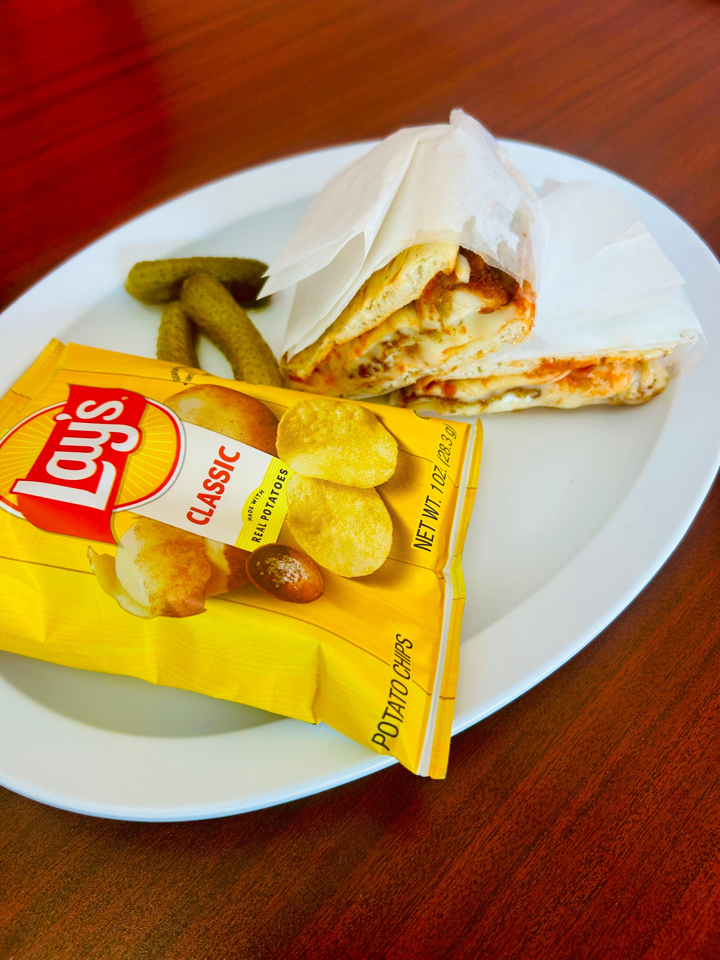 Chicken Parmegiano Panini w/ lays.