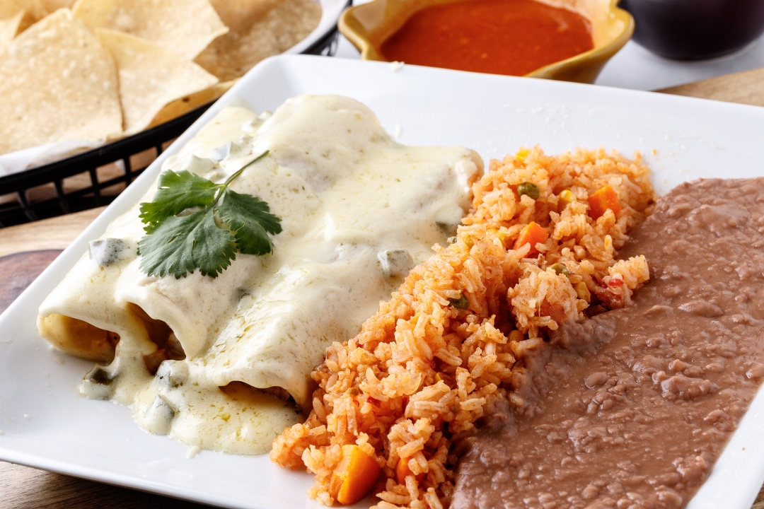 Lunch White Chicken Enchiladas.