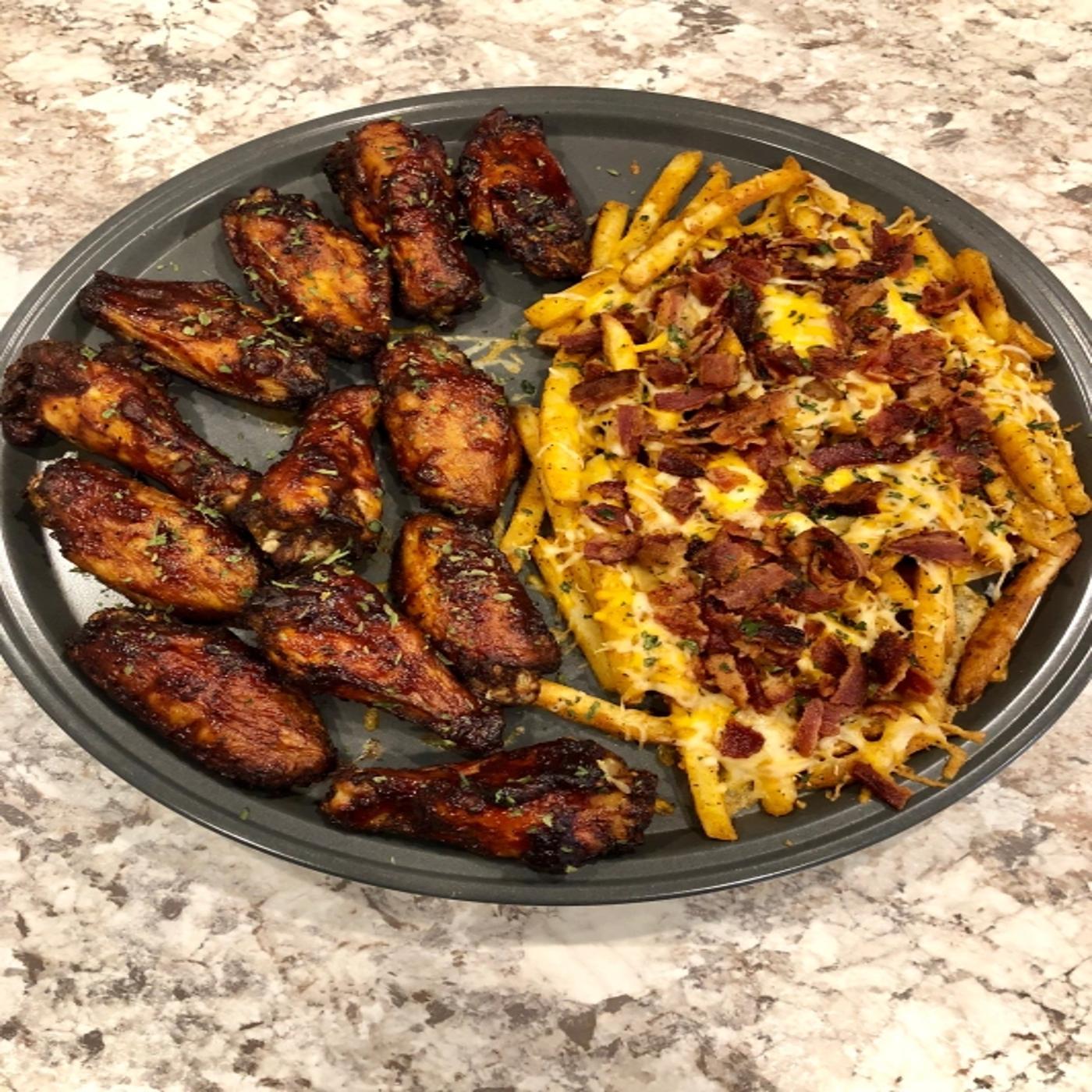 6 Wings and Bacon Cheese Fries.