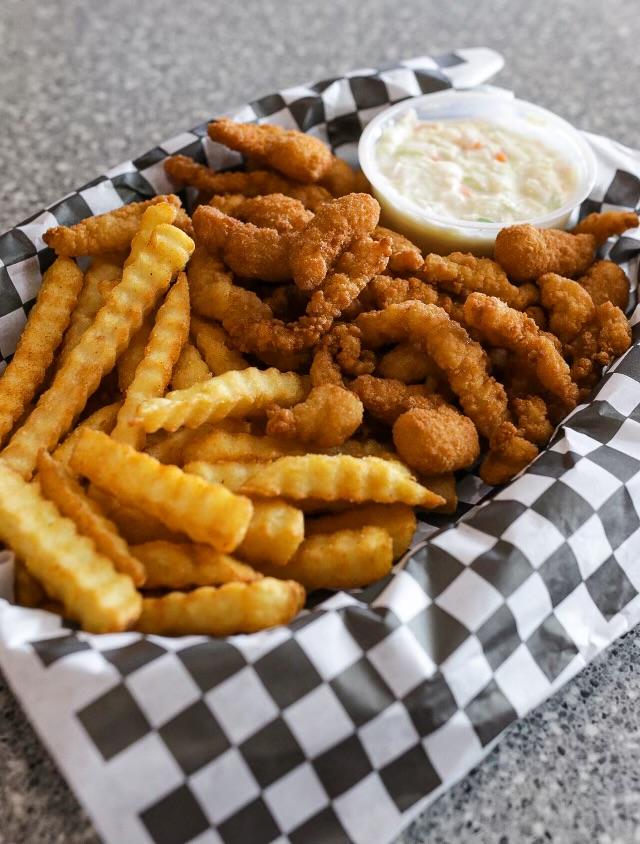 Popcorn Shrimp & Clam Strip Basket.