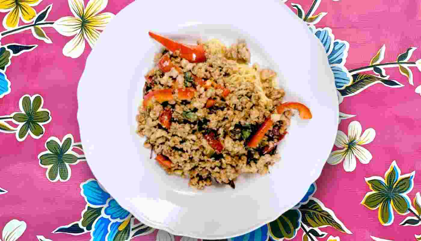 Pad Kaprow on Egg noodle.