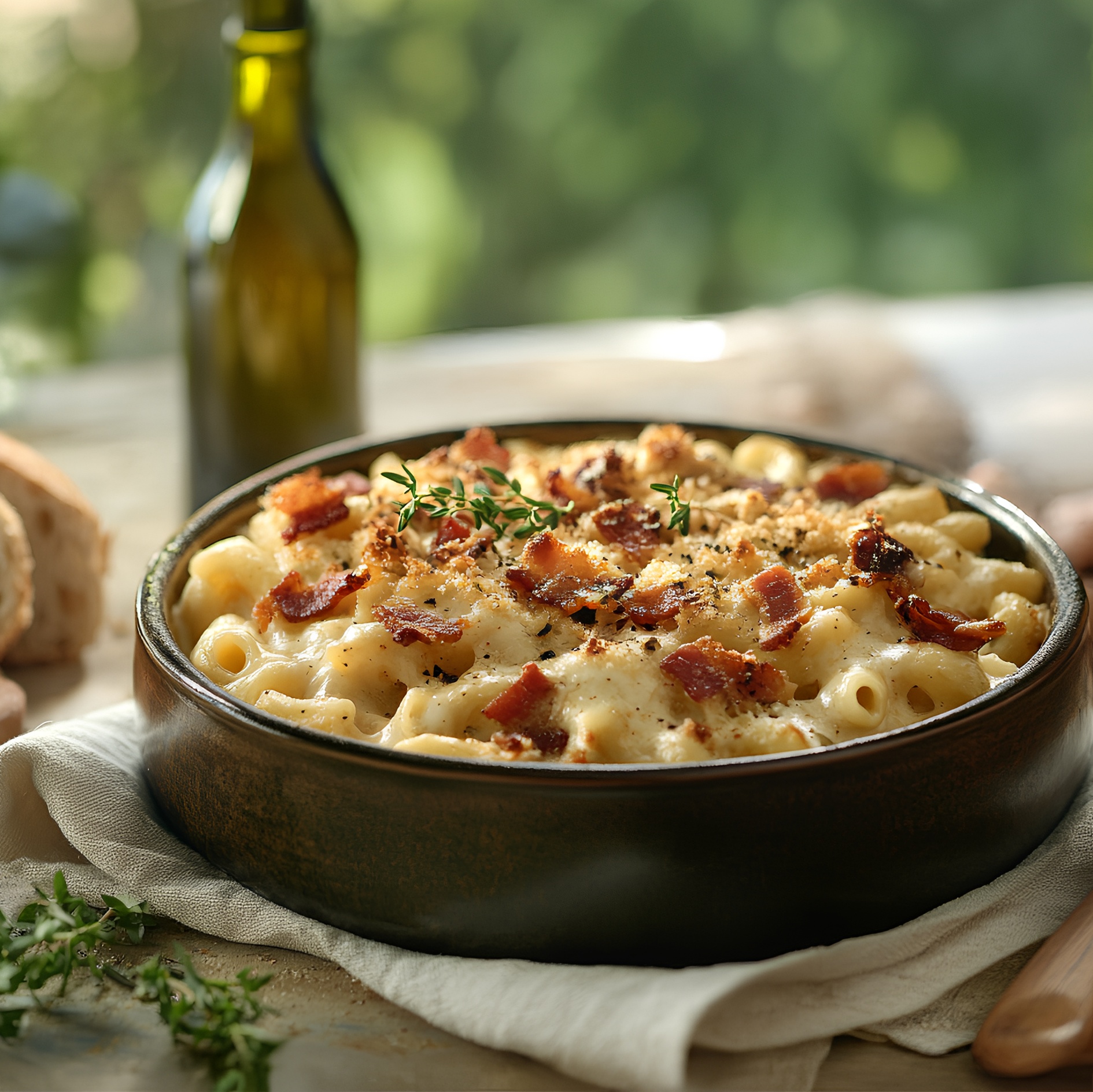 Mac & Bacon (Elbow pasta, creamy cheesy Alfredo sauce, bacon bits).