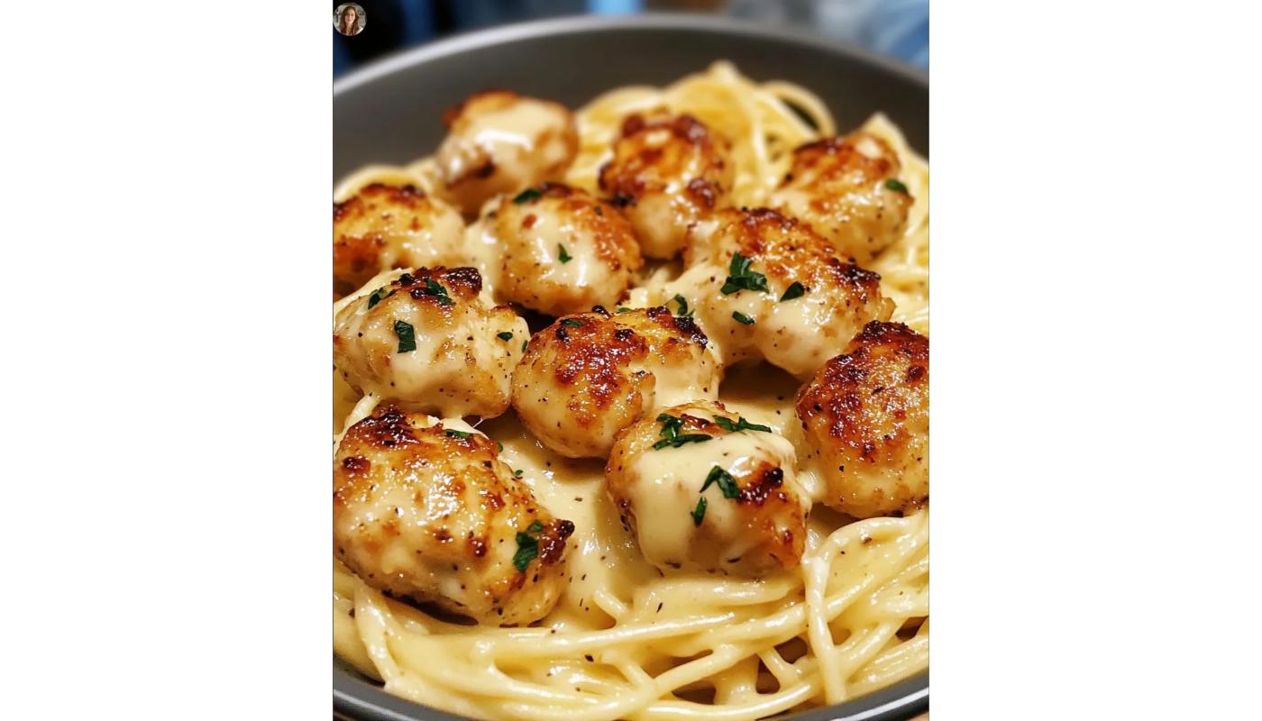 Garlic Butter Chicken Bites with Creamy Parmesan Pasta.