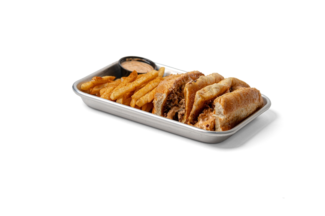 Chopped Cheese - Grilled Chicken Filet with Seasoned Fries.