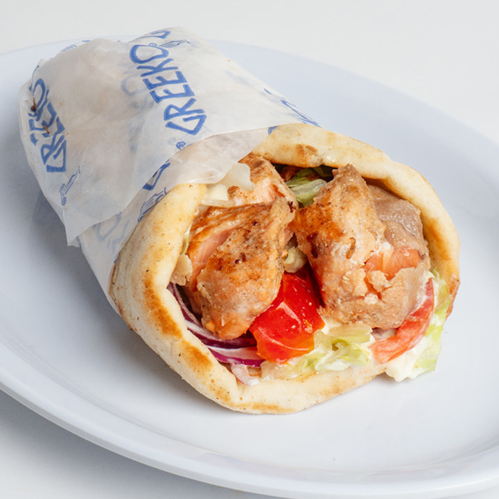 Salmon Souvlaki Pita.