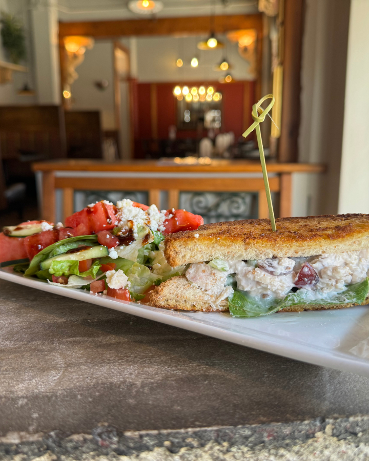 Watermelon Salad with Half a Chicken Salad Sandwich.