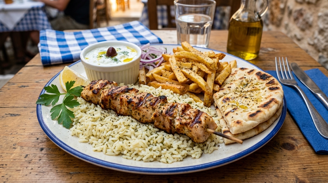 CHICKEN SOUVLAKI LUNCH.