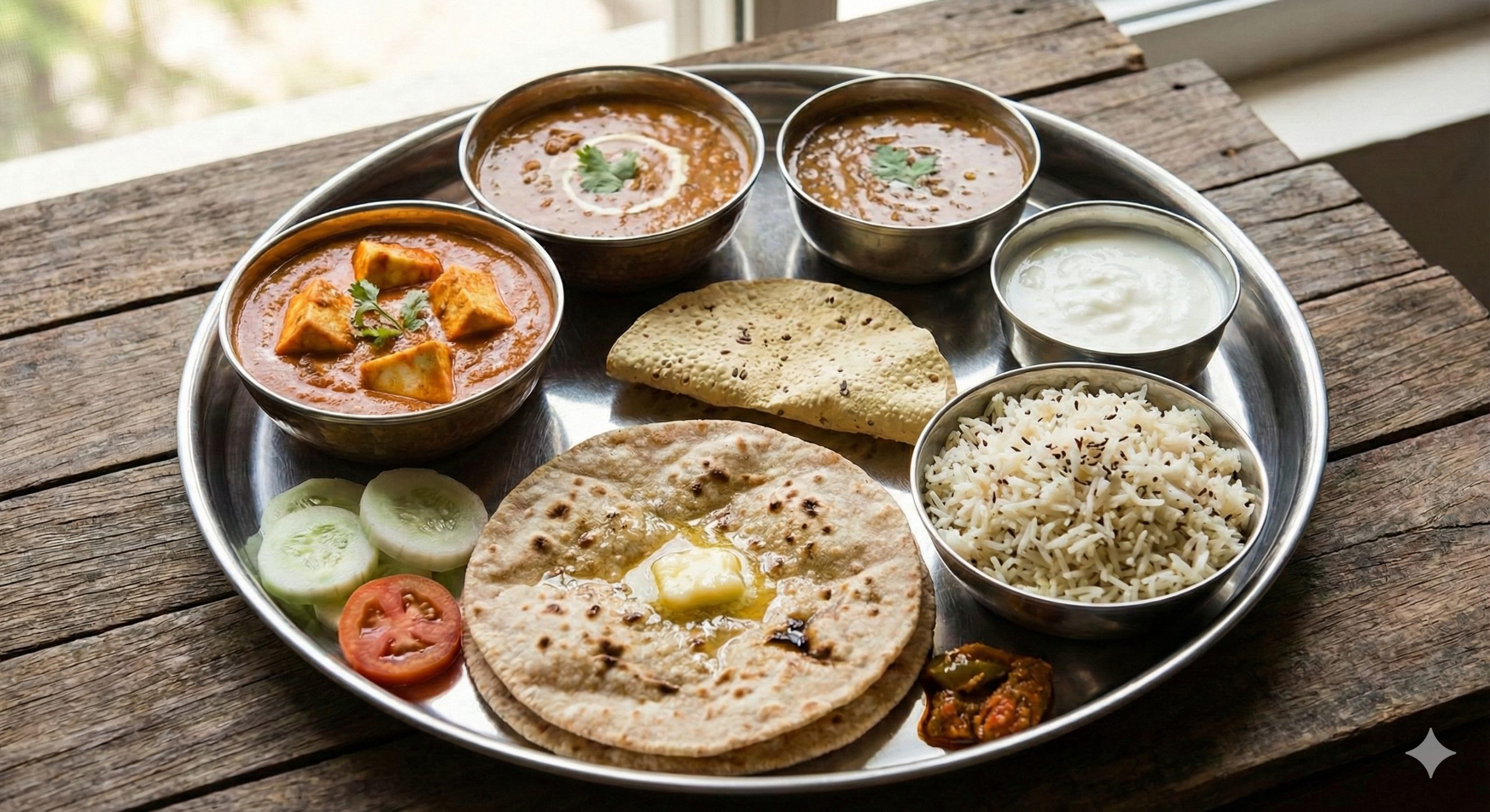Paneer Thali (Roti, Rice, Dal or Beans & Paneer).
