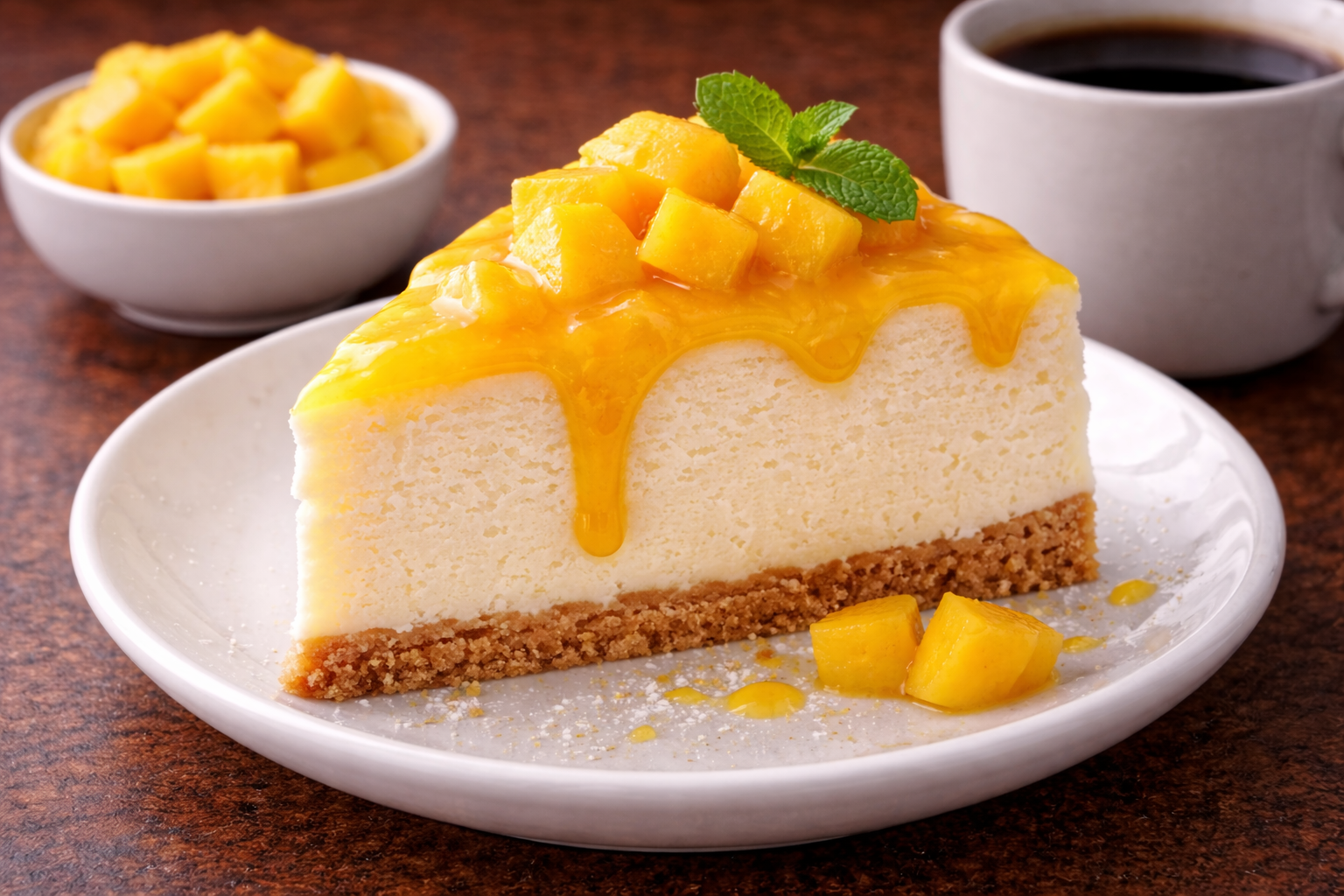 Cheesecake With Mango Topping.