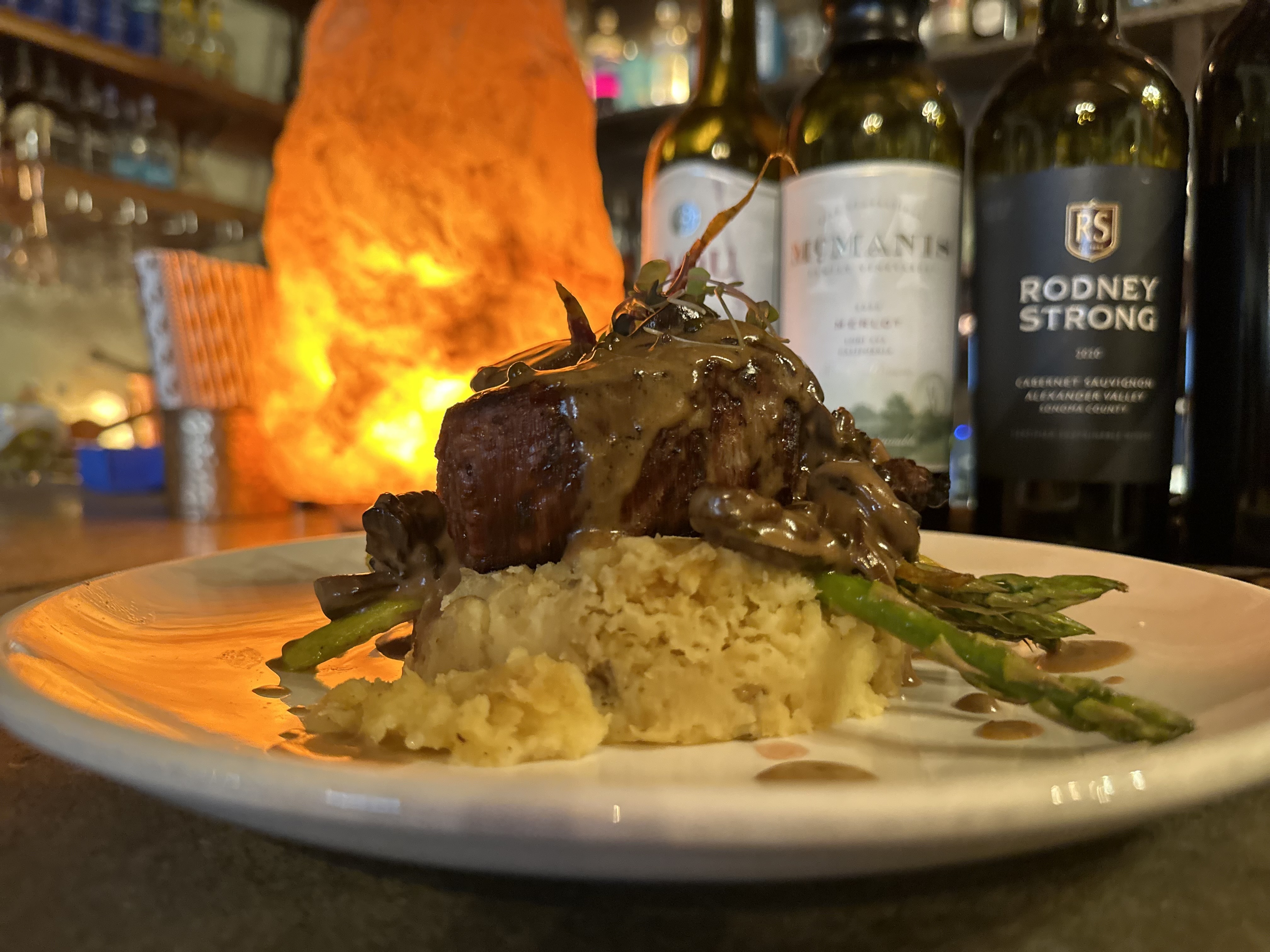 10 oz Filet Mignon with Green Peppercorn Mushroom Sauce.
