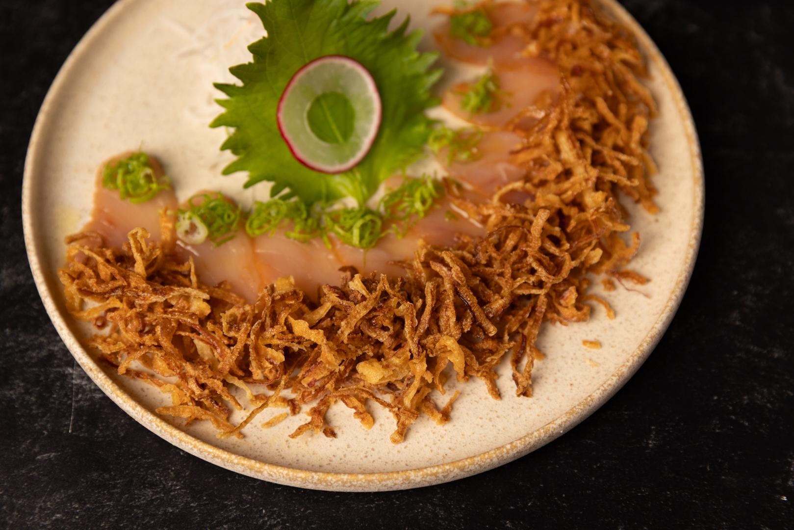 Albacore Sashimi with Crispy Onions.