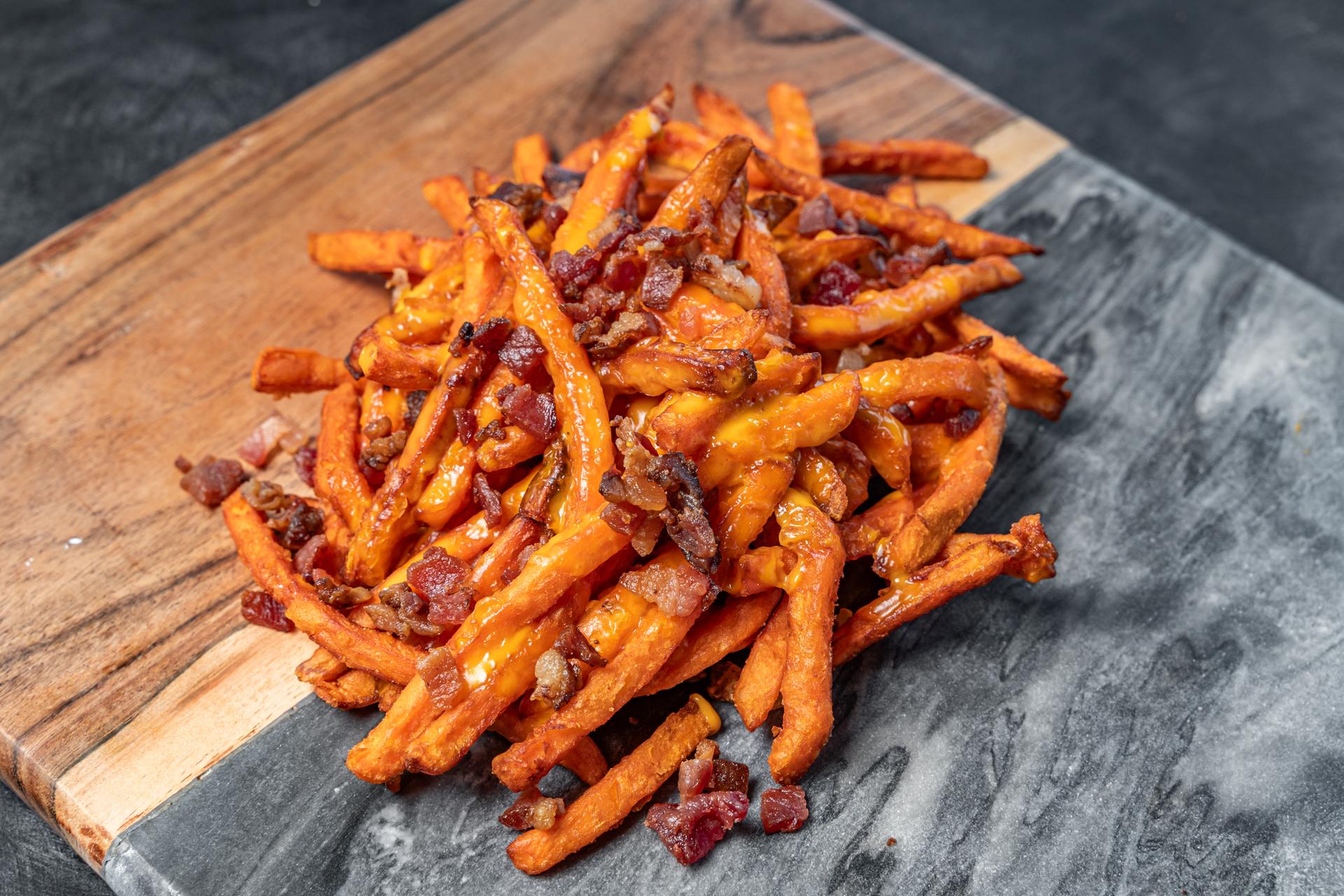 Sweet Potato Bacon Cheese Fries.