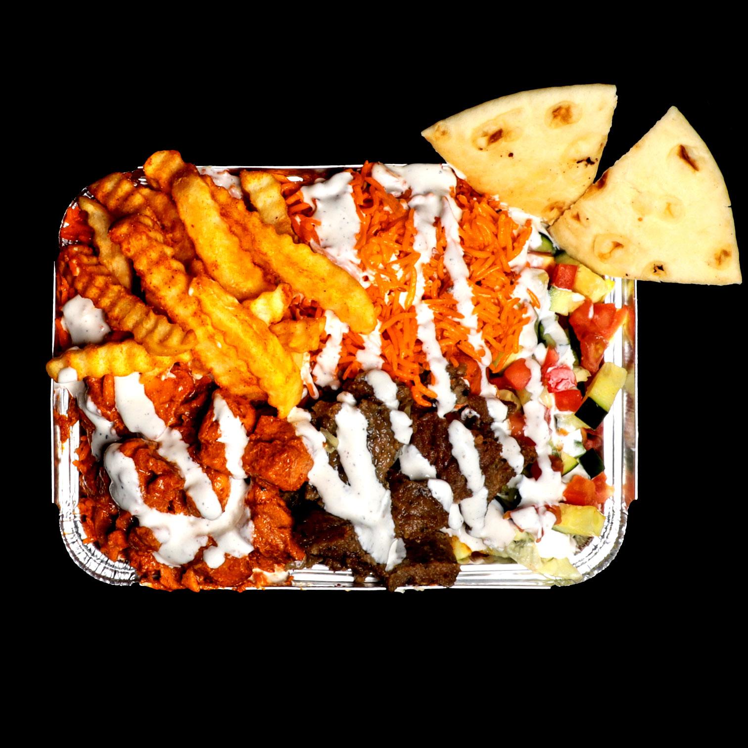 Combo Chicken and Gyro over Rice Platter.