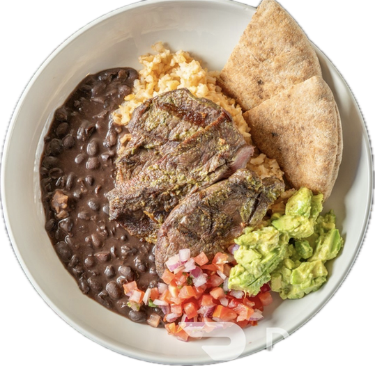 Grilled Steak Bowl, Black Beans, Avocado Hummus, Pico de Gallo, 1/2 Pita.