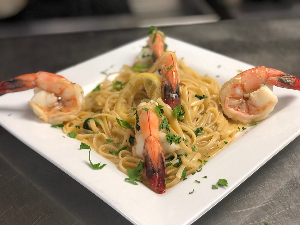 Shrimp Scampi Over Linguine.
