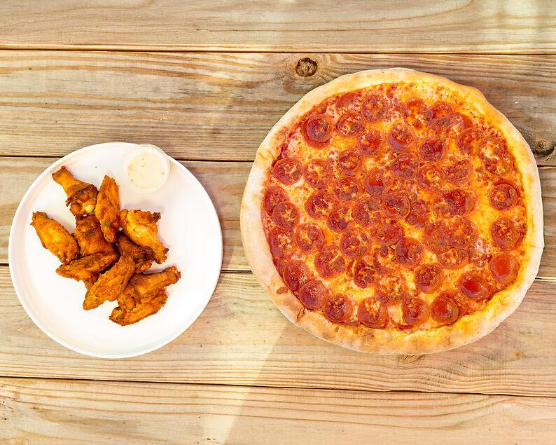 Medium one topping pizza & 10 wings.