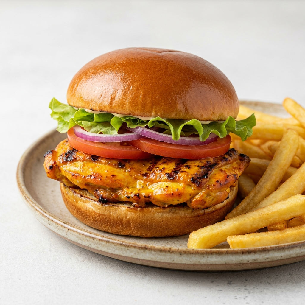 Grilled Chicken Burger W/Fries.