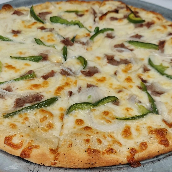 14" PHILLY CHEESE STEAK PIZZA.