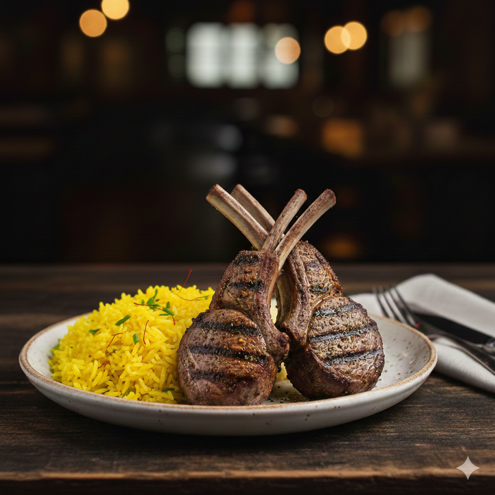 Combo: Goat Chops (4 pcs) in Rogan Josh with Saffron Rice Pilaf.