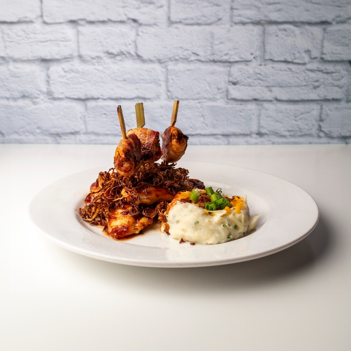 Bacon-Wrapped Shrimp & BBQ Chicken.