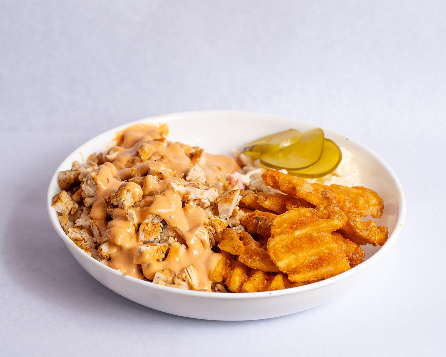 YoYo Grilled Chicken Over Rice Bowl.