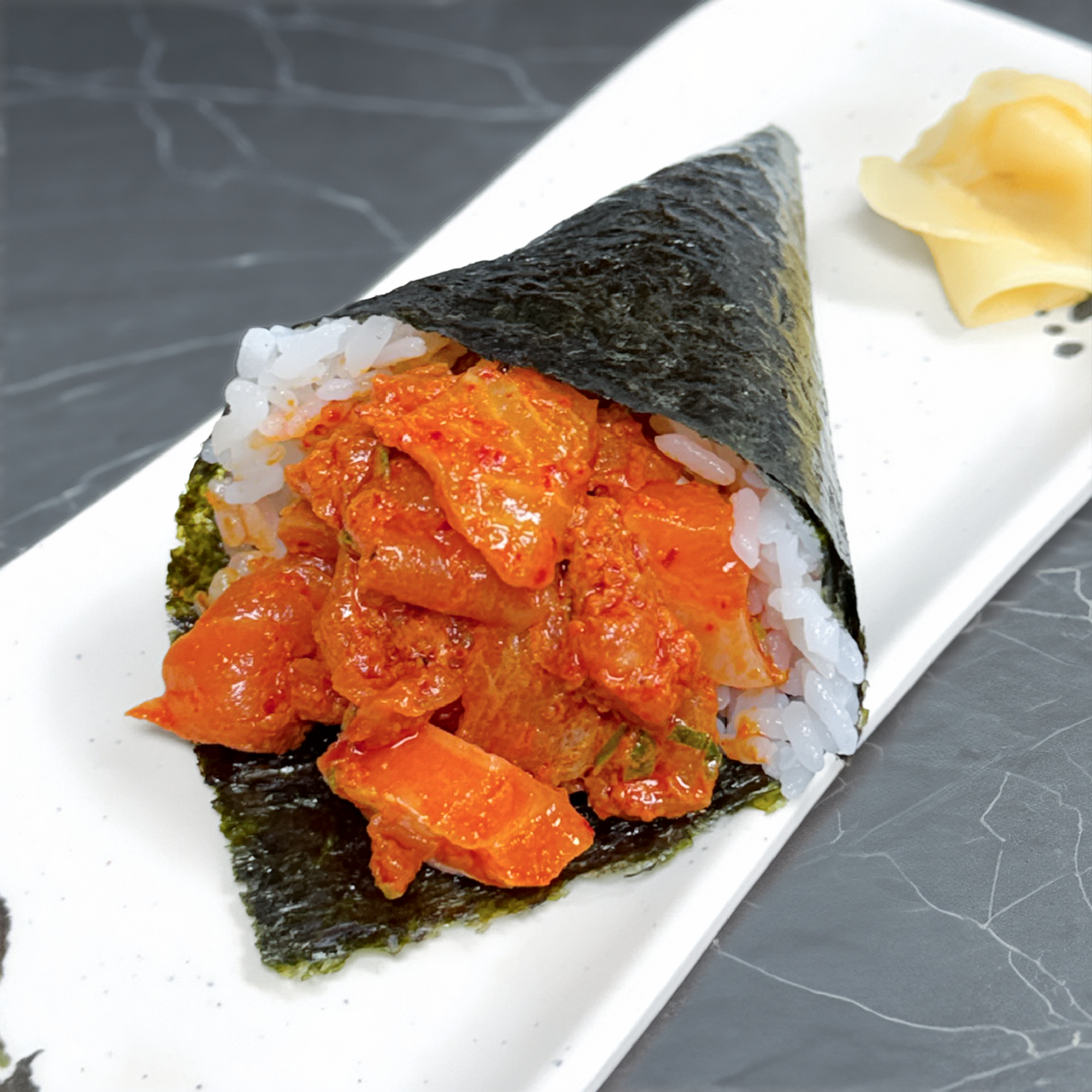 Spicy Salmon Hand Roll.