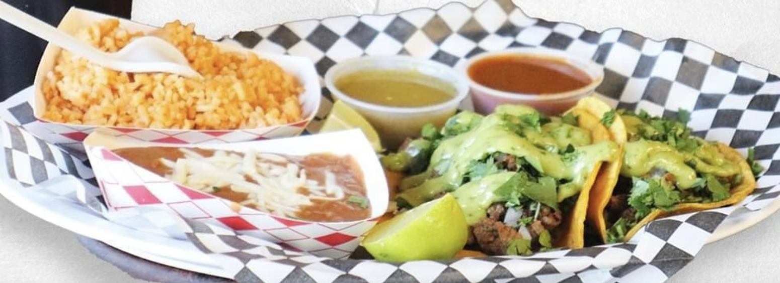 2 Street Tacos, Rice and Beans & Fountain Drink.