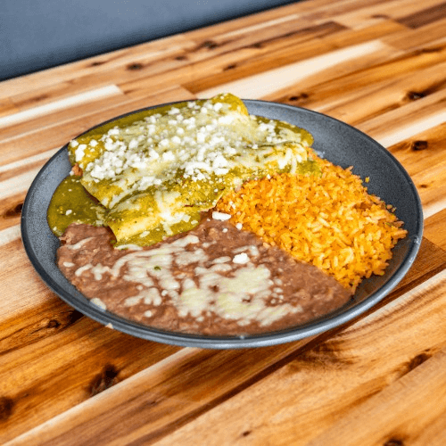 Kids Enchilada with rice and beans.