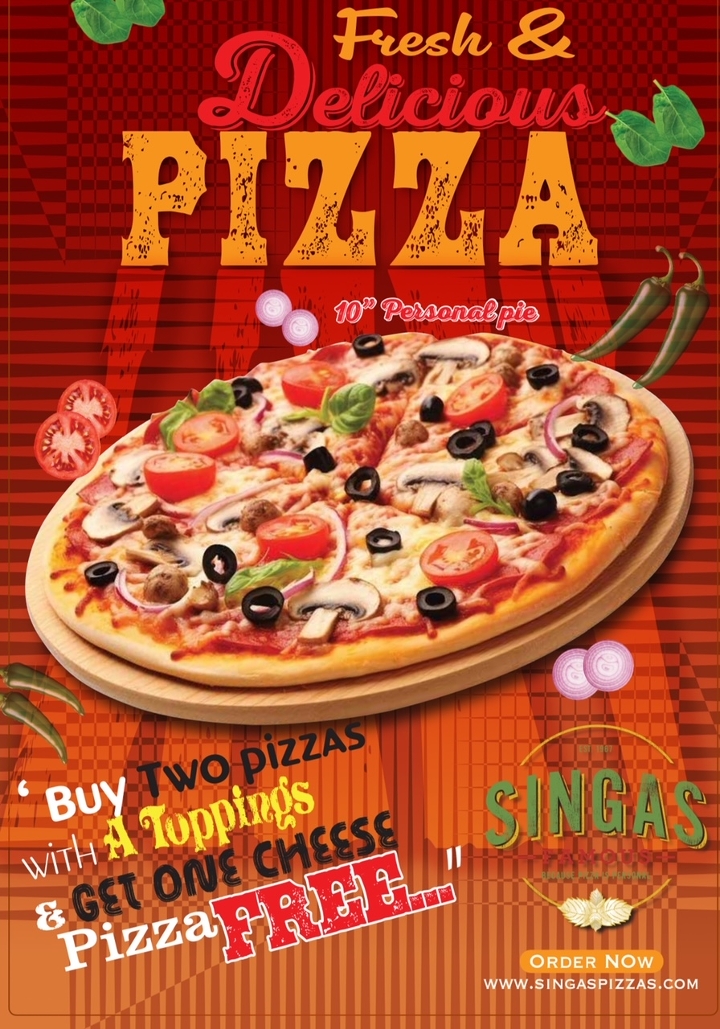 Buy 2 Pizza w/ Toppings Get 1 Cheese Pizza Free.