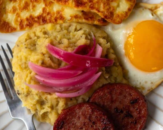Mangú with fried Dominican cheese.
