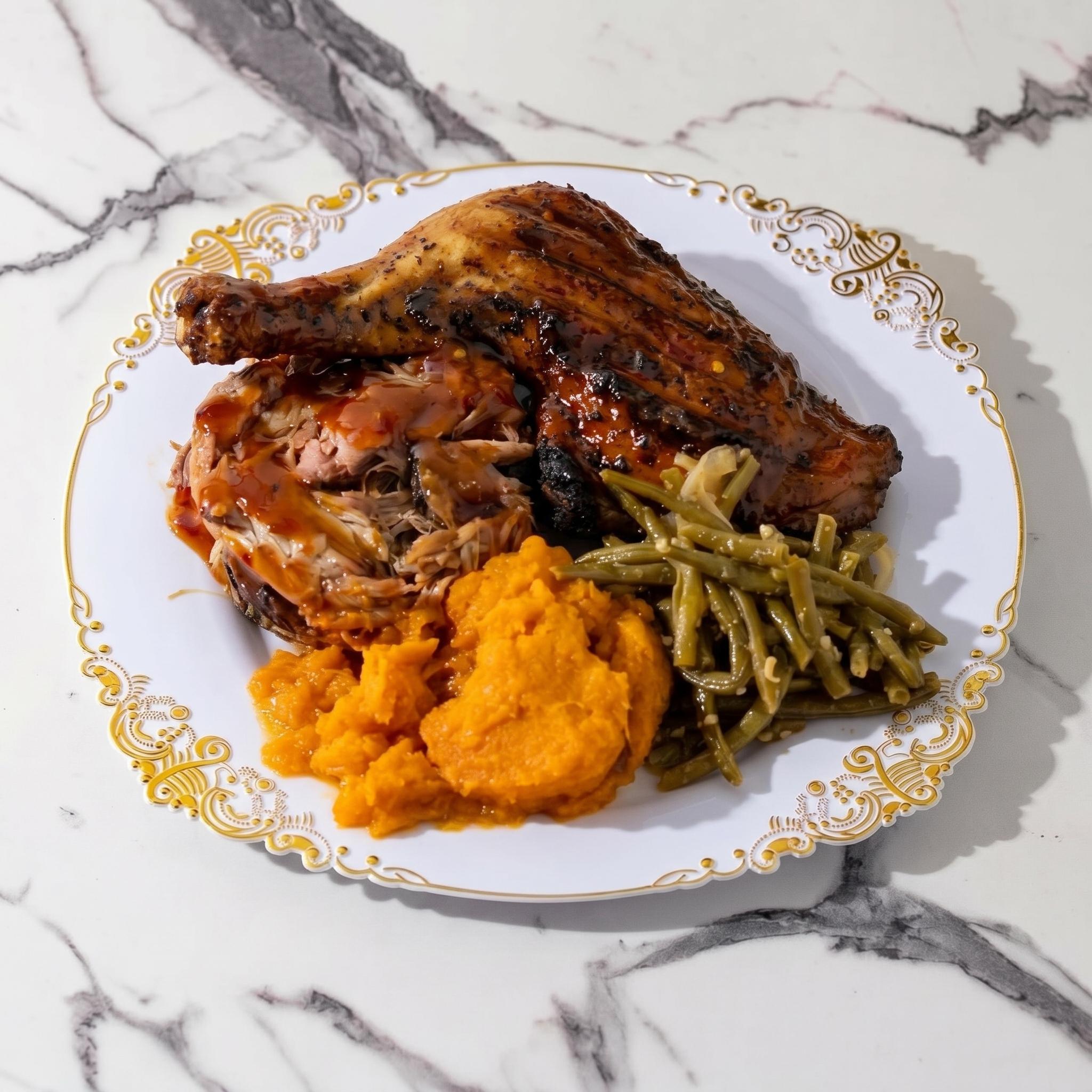 Chicken and Pulled Pork Combo with Two Sides.