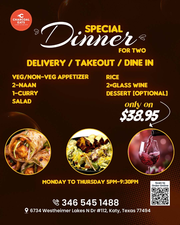 Meal for Two ( Includes 2 glasses of Wine).
