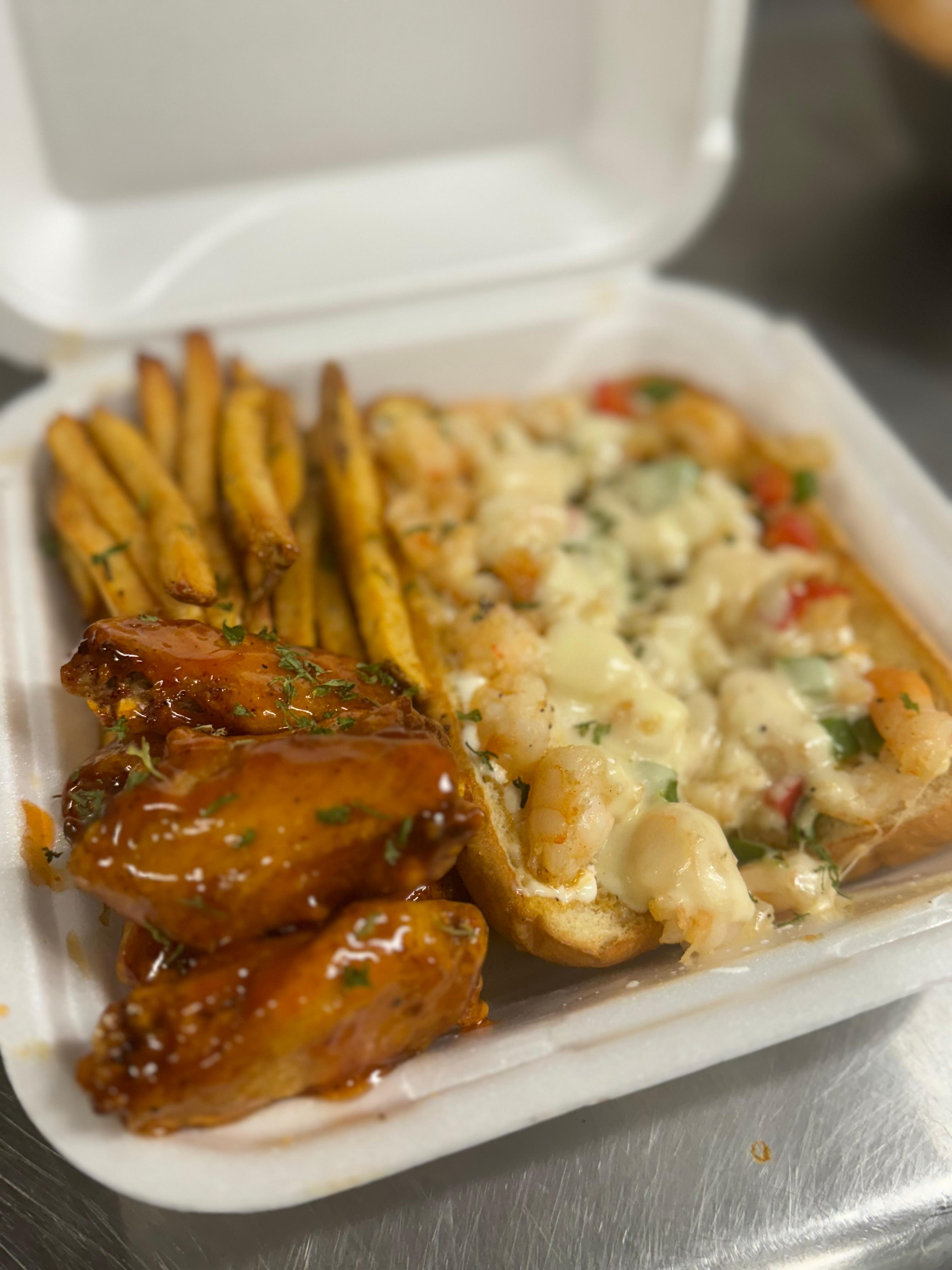 Shrimp Philly, 6 Wing Combo & Fries.