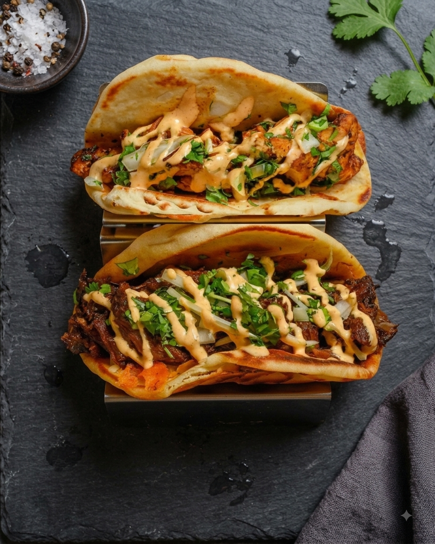 Lemon Chili Chicken Taco & Nihari Birria Taco.