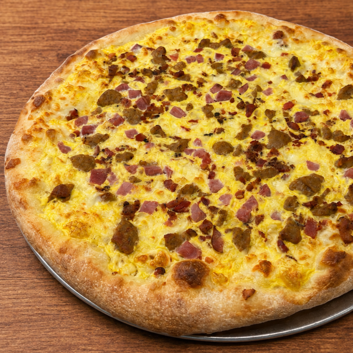 3 Meat Breakfast Pizza.