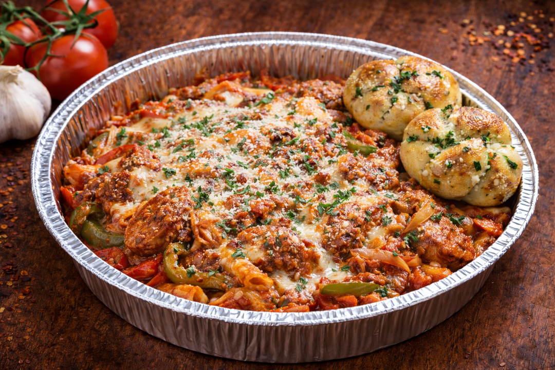 Sausage , Peppers & onions Parmigiana.