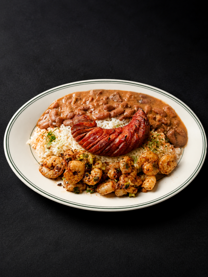 RED BEANS AND RICE W/ ANDOUILLE SAUSAGE AND SHRIMP.