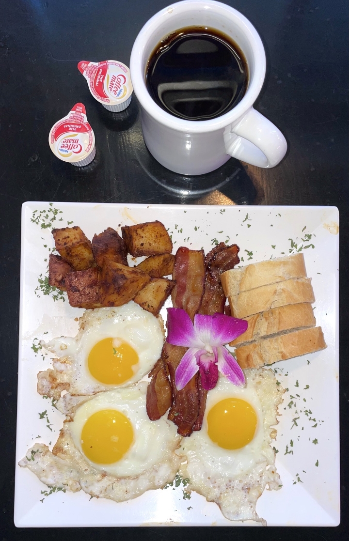 #68 3 Eggs, Baguette, Bacon, Homestyle Potatoes, And Brew Coffee.